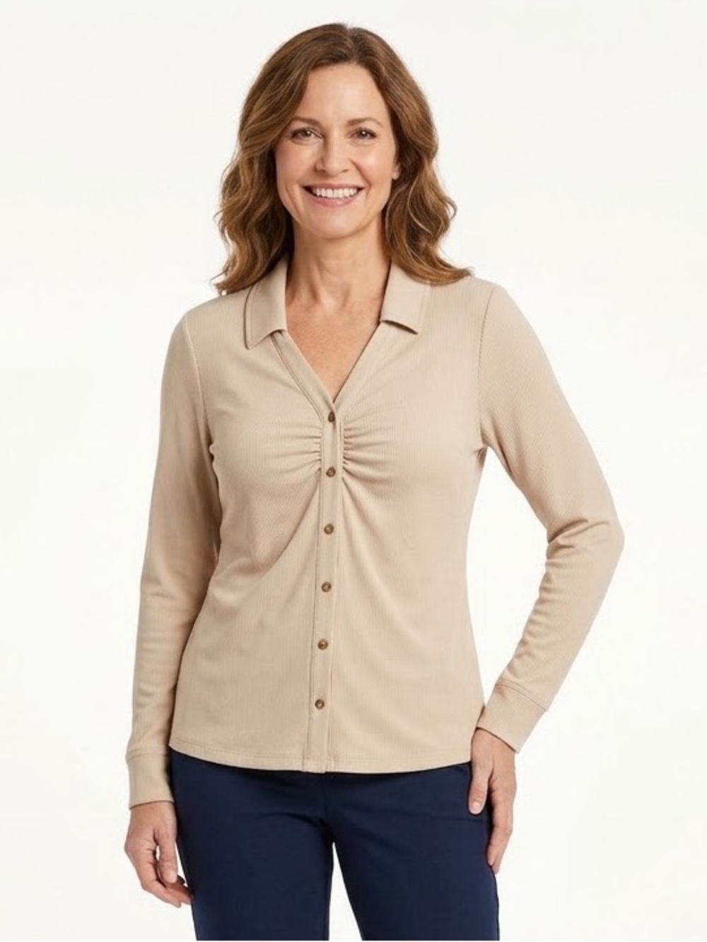 Soft Surroundings Beige Ruched-Front Button Down Shirt PXL